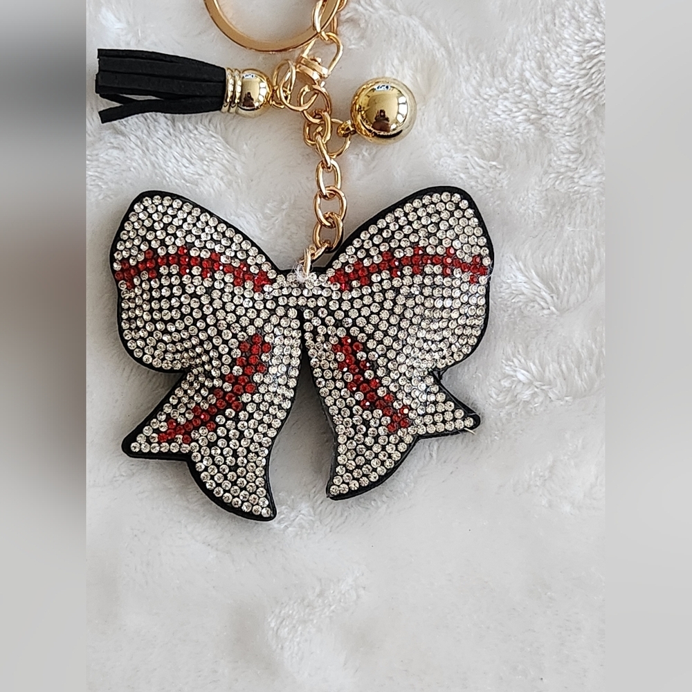 Baseball Black White and Red Bow Keychain Bag Charm - Picture 2 of 3